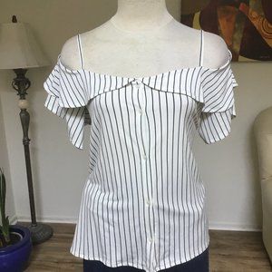 BANANA REPUBLIC Striped Top Blouse Cold Shoulder Button Down Ruffled Stretchy M